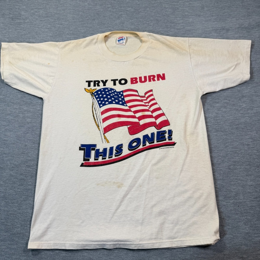 Jerzees Shirt Mens Large White Try To Burn‎ This One Flag Tee USA Vintage 90s